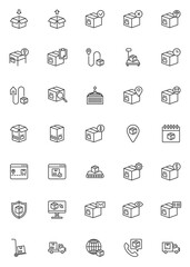 Delivery, logistics line icons set. Cargo shipping linear style symbols collection, outline signs pack. vector graphics. Set includes icons as fragile, parcel delivery service, packaging box, export