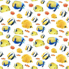 Beautiful seamless underwater pattern with cute watercolor colorful fish. Stock illustration.