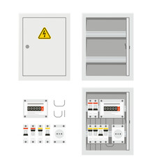 Electrical power switch panel with open and close door. Fuse box. Isolated vector illustration in flat style on white background