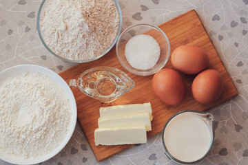 Cooking for someone special concept. Ingredients for homemade pancakes. Top view