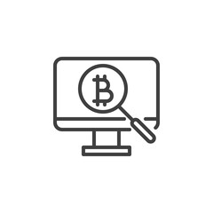 Bitcoin search line icon. Cryptocurrency mining linear style sign for mobile concept and web design. Computer display with bitcoin and magnifier outline vector icon. Symbol, logo illustration