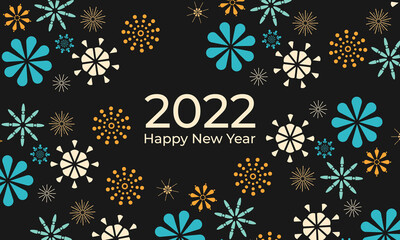 Happy New Year 2022. Colorful fireworks. Flat geometric design. Brochure design, invitation, template, calendar, card, banner. 