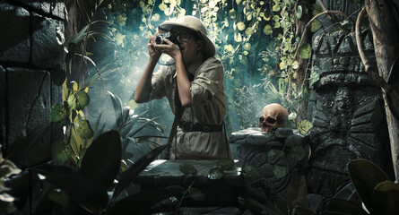 Brave adventurer exploring the jungle and shooting