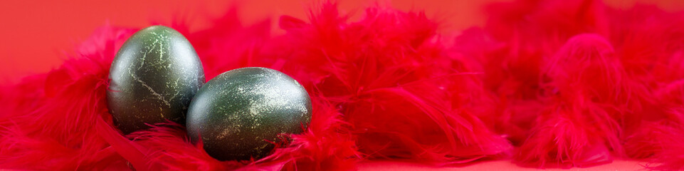 Easter banner with creative green eggs with scratches in feathers in red. Close-up. Horizontal format. Side view. Place for text