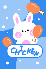 Hand drawn cartoon cute bunny strip rug eating chicken legs