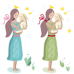 Young woman stands with pretty rabbit. Illustration can be used for festive and Easter design.
