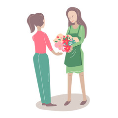 Woman holding floral present - a big bunch of flowers. Illustration can be used for delivery shopping in flower shops.