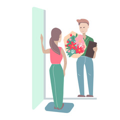 Man holding floral present - a big bunch of flowers. Illustration can be used for delivery shopping in flower shops.