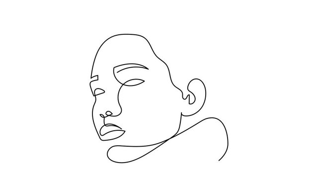 Continuous line animation of face. Line art of woman with topknot hair.