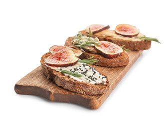 Tasty sandwiches with fig on white background