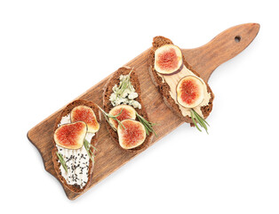 Tasty sandwiches with fig on white background