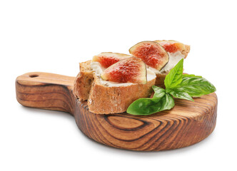 Tasty sandwiches with fig on white background