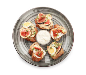 Tasty sandwiches with fig on white background