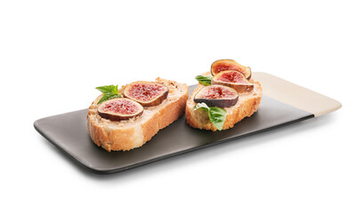 Tasty sandwiches with fig on white background