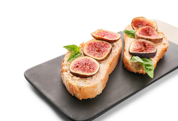 Tasty sandwiches with fig on white background
