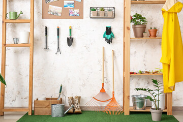Set of gardening supplies and houseplants in barn