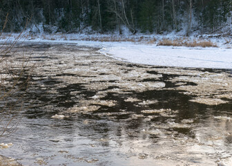 landscape with river in winter, tree-lined river bank, ice on the river, winter day