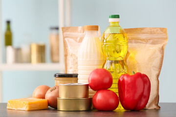 Different products on table in kitchen