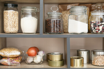 Different products on shelves in kitchen