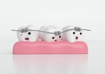 Modelo dental 3D de dientes tristes con ortodoncia, brackets dental, salud e higiene dental. 