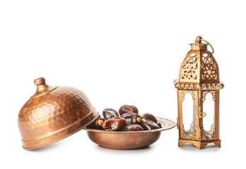 Muslim lamp and dates on white background
