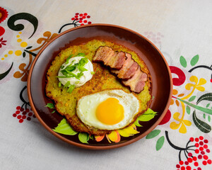 Healthy breakfast fried egg on a plate, healthy food. Ukrainian cuisine concept.