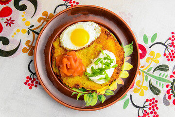Healthy breakfast fried egg on a plate, healthy food. Ukrainian cuisine concept.
