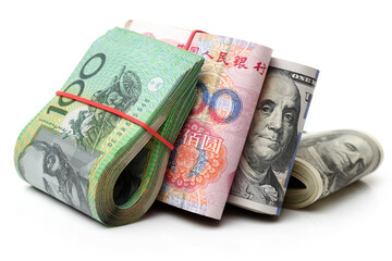 AUD, RMB, USD on white background