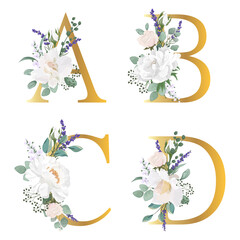 Floral Alphabet. Set letters with botanical bouquet. Wedding invitations, greeting card, birthday, logo, poster other ideas. Vector illustration.