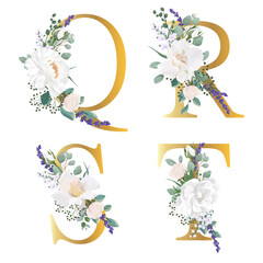 Floral Alphabet. Set letters with botanical bouquet. Wedding invitations, greeting card, birthday, logo, poster other ideas. Vector illustration.