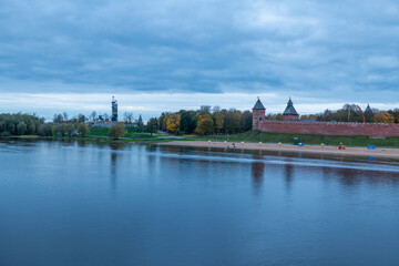 Fototapeta na wymiar Kremlin Wall and St Sophias Belfry at Novgorod, St. Petersburg, Russia