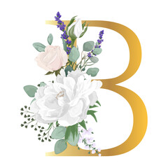 Floral Alphabet. Set letter with botanical bouquet. Wedding invitations, greeting card, birthday, logo, poster other ideas. Vector illustration.