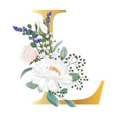 Floral Alphabet. Set letter with botanical bouquet. Wedding invitations, greeting card, birthday, logo, poster other ideas. Vector illustration.