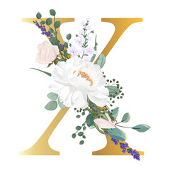 Floral Alphabet. Set letter with botanical bouquet. Wedding invitations, greeting card, birthday, logo, poster other ideas. Vector illustration.