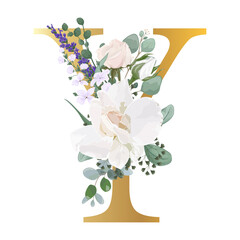 Floral Alphabet. Set letter with botanical bouquet. Wedding invitations, greeting card, birthday, logo, poster other ideas. Vector illustration.