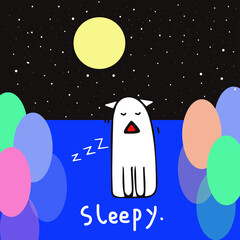 Cartoon decorative painting of a cat dozing under the starry sky