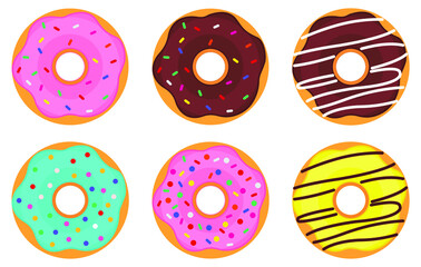 Set of colorful donuts on a white background. View from above. Illustration in flat style