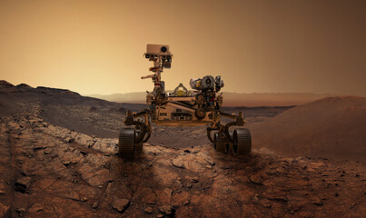 Mars 2020 Perseverance Rover verkent het oppervlak van Mars. Volharding rover Missie Mars verkenning van de rode planeet. Ruimteverkenning, wetenschapsconcept. .Elementen van deze afbeelding geleverd door NASA.