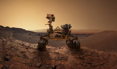 Fotobehang Nasa Mars 2020 Perseverance Rover verkent het oppervlak van Mars. Volharding rover Missie Mars verkenning van de rode planeet. Ruimteverkenning, wetenschapsconcept. .Elementen van deze afbeelding geleverd door NASA.
