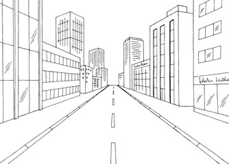 Fototapeta premium City street graphic black white cityscape sketch illustration vector