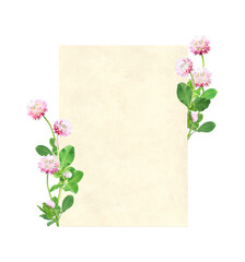 Vertical retro card with wild red clover (Trifolium pratense) flowers