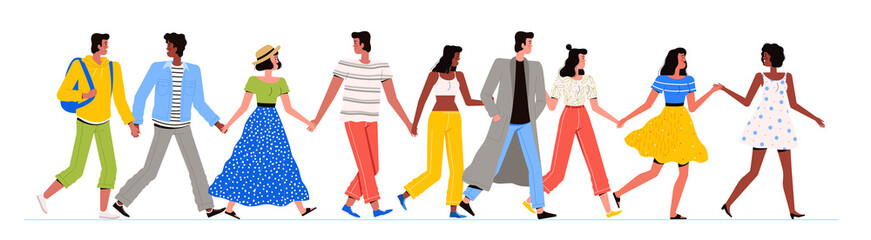 A group of multiracial people are walking together. Men and women of different nationalities walk together