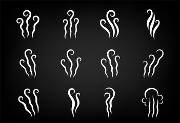 Set of white steam icons of smells, vapor, smoke and fog. Jets of air, waves of evaporation and the stench of aromas