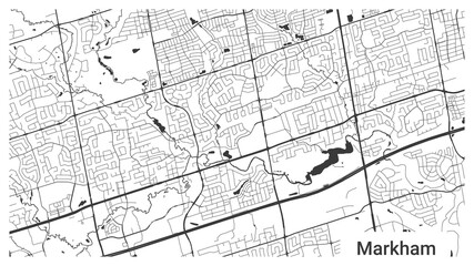 Map of Markham city, Ontario, Canada. Horizontal background map poster black and white, 1920 1080 proportions.