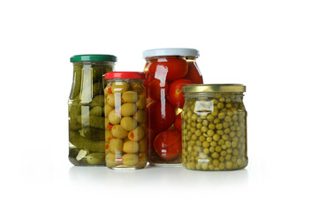 Jars with different pickled food isolated on white background