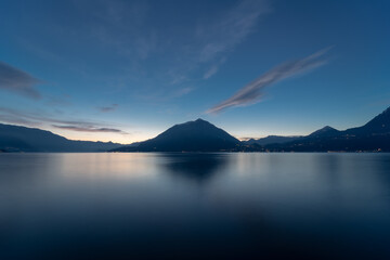 Panorama of Lake Como at blue hour with mountains