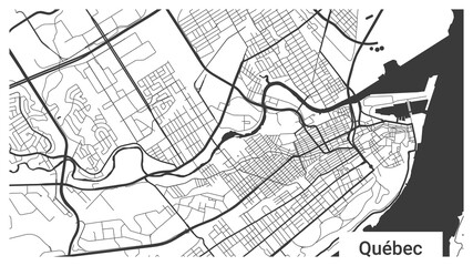 Map of Quebec city, Ontario, Canada. Horizontal background map poster black and white, 1920 1080 proportions.