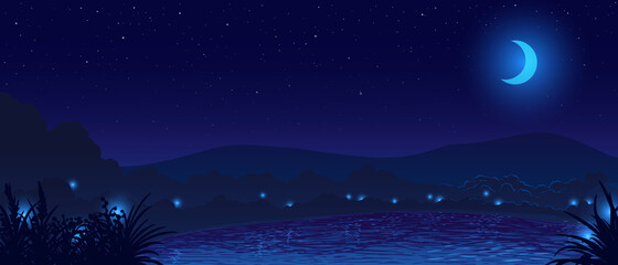 Vector night landscape, lake among mountains, meadows with grass and fireflies