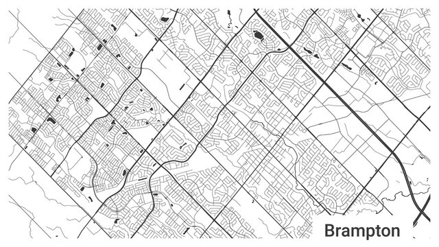 Map of Brampton city, Ontario, Canada. Horizontal background map poster black and white, 1920 1080 proportions.