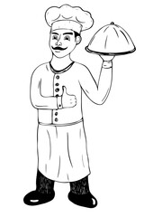 Vector chef in cap with dish in hand drawn in strokes